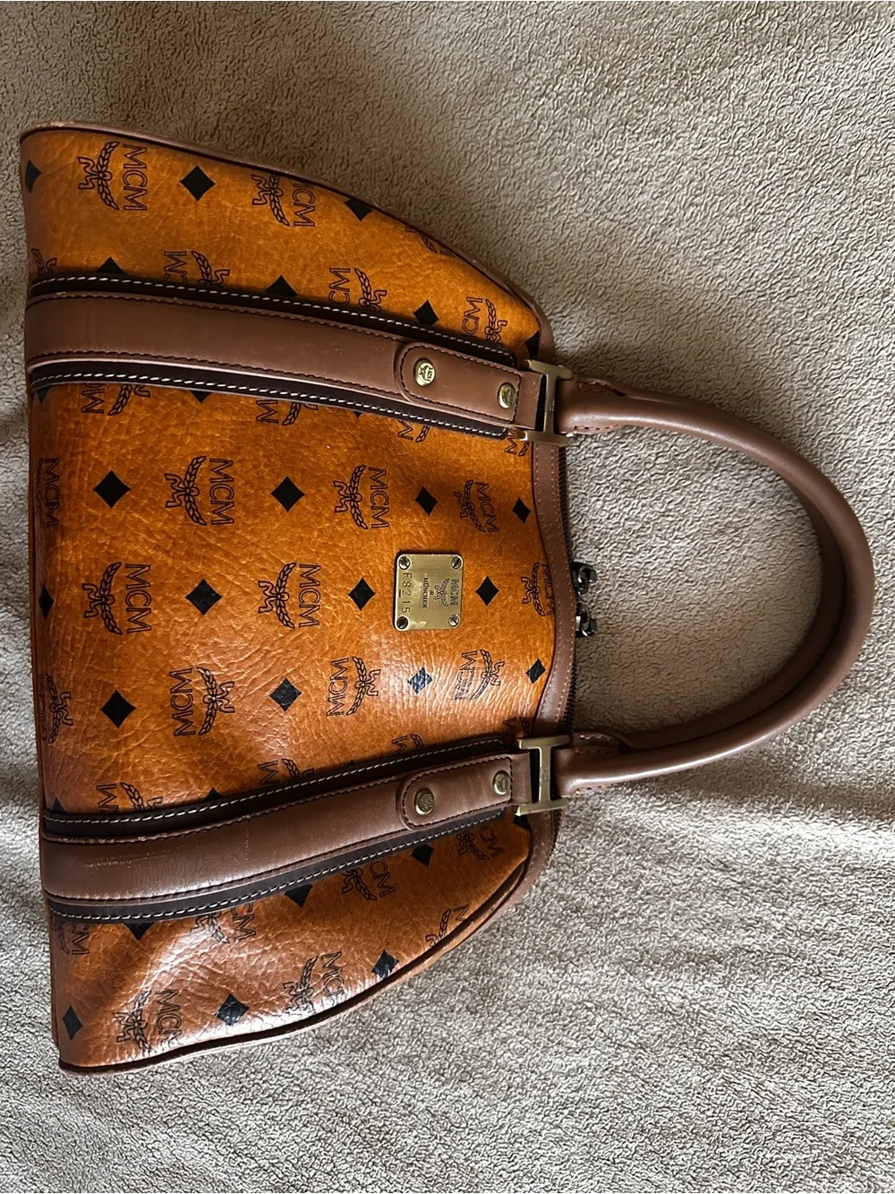 MCM Visetos Cognac Logo Satchel with Brown Trim